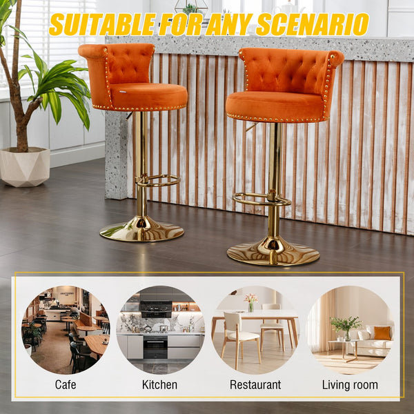 English Elm UNITED Velvet 360° Rotating Bar Chair with Diamond Stitching, Gold Frame, Plush Foam Seat, Adjustable Height Orange W1568P361721