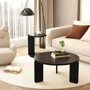 English Elm 32.68 Inch Black Oak Veneer Nesting Round Coffee Table Set for Modern Living Rooms W2899P435699