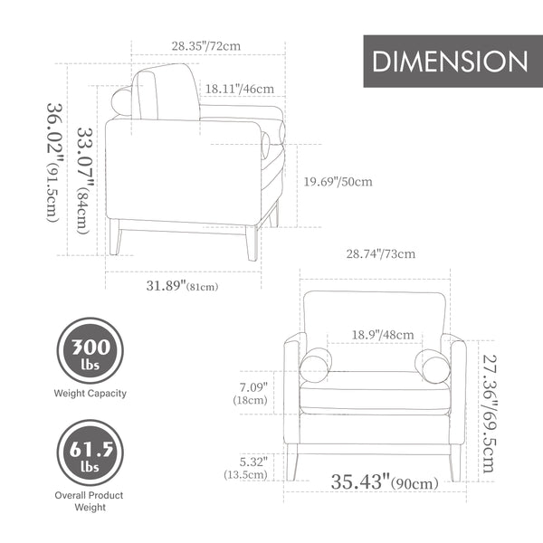 English Elm 35.4" Modern Farmhouse Ivory Boucle Accent Chair With Black Legs, Bolster Pillows For Cozy Living Room W3118P283469