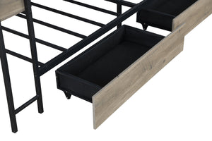 English Elm Corner Twin Bed Frame with Bookcase, LED Light & USB Charging, Reversible Daybed w/Storage Drawers W1670P255558