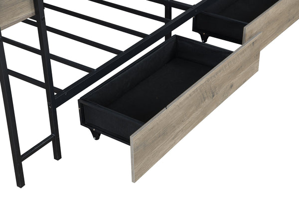 English Elm Corner Twin Bed Frame with Bookcase, LED Light & USB Charging, Reversible Daybed w/Storage Drawers W1670P255558