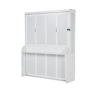 English Elm Queen Murphy Wall Bed with Integrated Desk Gas Strut Lift White Cabinet for Small Spaces W504S00282