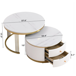 English Elm Modern 2 Pieces White Round Nesting Coffee Table Set with Drawers, Glossy MDF Tops & Gold Legs — Space-Saving Chic WF325924AAK