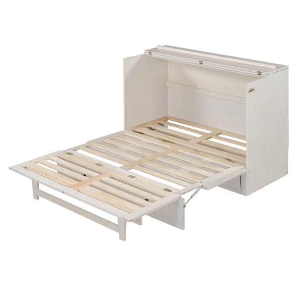 English Elm Full Size Murphy Bed Rattan Cabinet with Storage Drawers and Gold Hardware N708S00005AAK