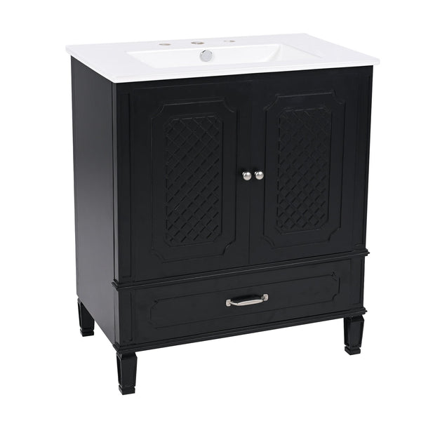English Elm Christopher Knight Home® - 30" Bathroom Vanity with Sink Vintage Acacia Frame Ceramic Basin Soft-Close Doors & Storage Black N759P313313B