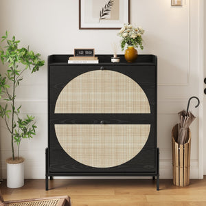 English Elm 2-drawer Rattan Front Shoe Cabinet Slim Entryway Organizer with Walnut Mdf Frame W5221P414214