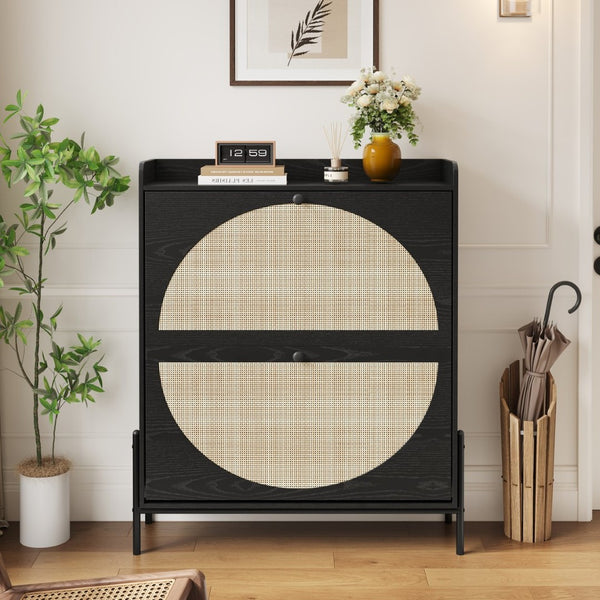 English Elm 2-drawer Rattan Front Shoe Cabinet Slim Entryway Organizer with Walnut Mdf Frame W5221P414214