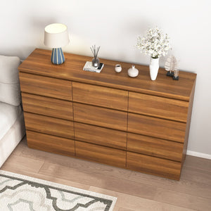 English Elm 12 Drawer Wide Double Dresser Modern Symmetrical Wood Storage Chest for Bedroom Walnut W409S00017