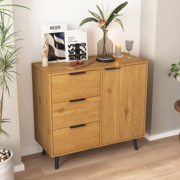 English Elm Storage Cabinet Mid Century 3-Drawer Accent with Adjustable Shelf, Stable Solid Legs, Multiroom Use Natural Wood W409P171597