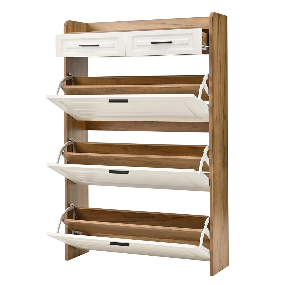 English Elm Two drawer three-fold shoe cabinet with ample vertical shelving, smooth finish, compact entryway storage White+Walnut W3871P368979