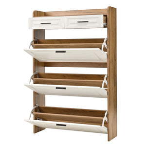 English Elm Two drawer three-fold shoe cabinet with ample vertical shelving, smooth finish, compact entryway storage White+Walnut W3871P368979