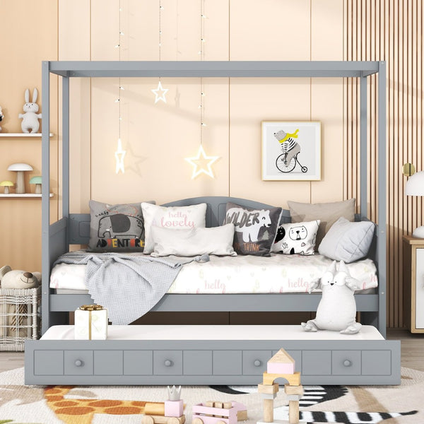 English Elm Twin Canopy Daybed with Pull Out Trundle Pinewood Frame for Kids or Guest Rooms N708P373423E