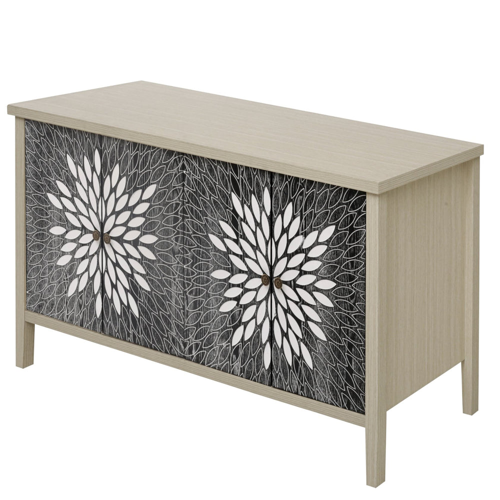 English Elm Sideboard Elegant Floral Handle Buffet Cabinet with 4 Doors, Adjustable Shelves & Reinforced Feet for Dining Room Storage Black,Natural W688P232758