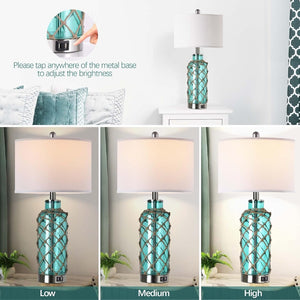 English Elm Cottage Blown Glass Rope Net Bedside Lamp Set Coastal Nautical Touch Dimmer Usb W3355P465377
