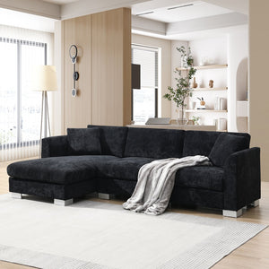 English Elm 96*56" Modern Cloud Sectional Sofa with Oversized Chaise, Luxurious Chenille 4-Seat, Aluminum Legs Black N723S6037B