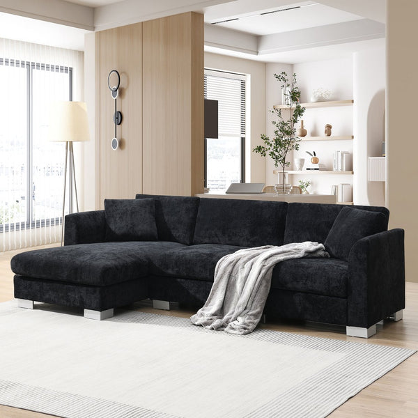 English Elm 96*56" Modern Cloud Sectional Sofa with Oversized Chaise, Luxurious Chenille 4-Seat, Aluminum Legs Black N723S6037B