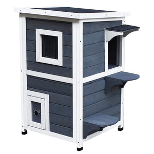 English Elm PawHut Weatherproof Outdoor Cat House with Raised Floor, Garden Planter & Multiple Entrances for Comfort and Play Grey+White W2225P217565