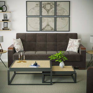 English Elm PrimeNest ZenAero Upholstered Wood Trim Convertible Sofabed with Storage, Click-Click Sleeper Comfort Brown B030P286535