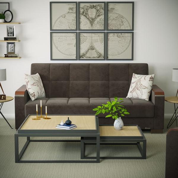 English Elm PrimeNest ZenAero Upholstered Wood Trim Convertible Sofabed with Storage, Click-Click Sleeper Comfort Brown B030P286535