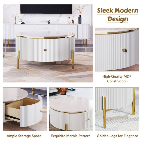 English Elm Modern Round Coffee Table with 2 Large Drawers, Marble-Pattern MDF Top & Gold Legs for Stylish Storage N735P211280K