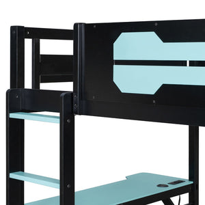 English Elm Full Size Gaming Bunk Bed with Dual Desks Usb Charging Ports and Pegboard Storage Blue LT000274AAC