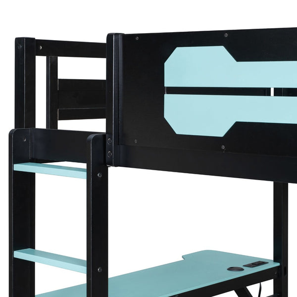 English Elm Full Size Gaming Bunk Bed with Dual Desks Usb Charging Ports and Pegboard Storage Blue LT000274AAC