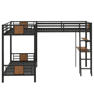 English Elm L-Shaped Twin Over Twin Bunk Bed with Loft Desk & Shelves, Brown Metal+MDF, Sturdy Sleep Solution GX001110AAD