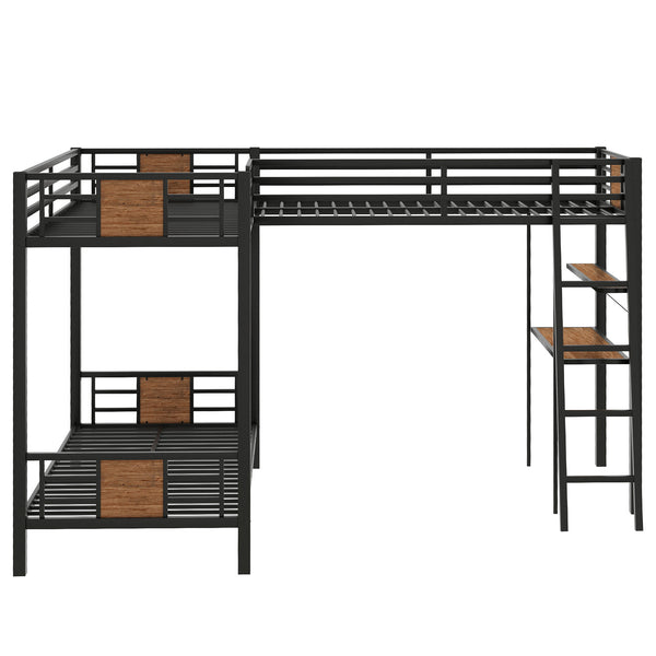 English Elm L-Shaped Twin Over Twin Bunk Bed with Loft Desk & Shelves, Brown Metal+MDF, Sturdy Sleep Solution GX001110AAD