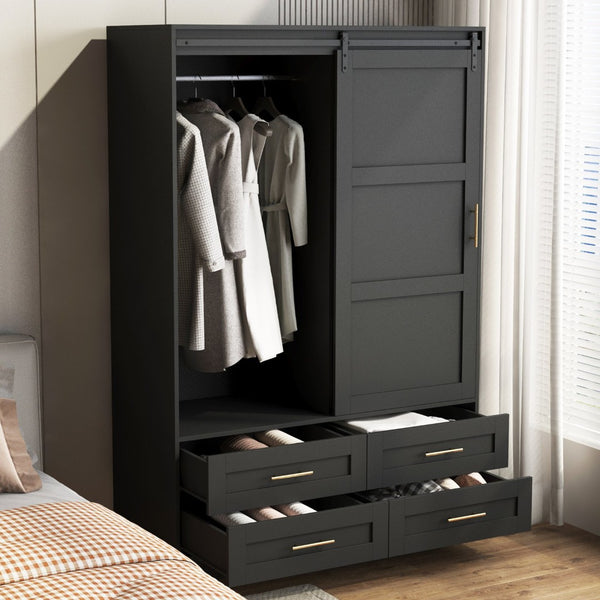 English Elm Tall Farmhouse Wardrobe Armoire with Sliding Barn Doors Drawers and Hanging Rod W1321S00045