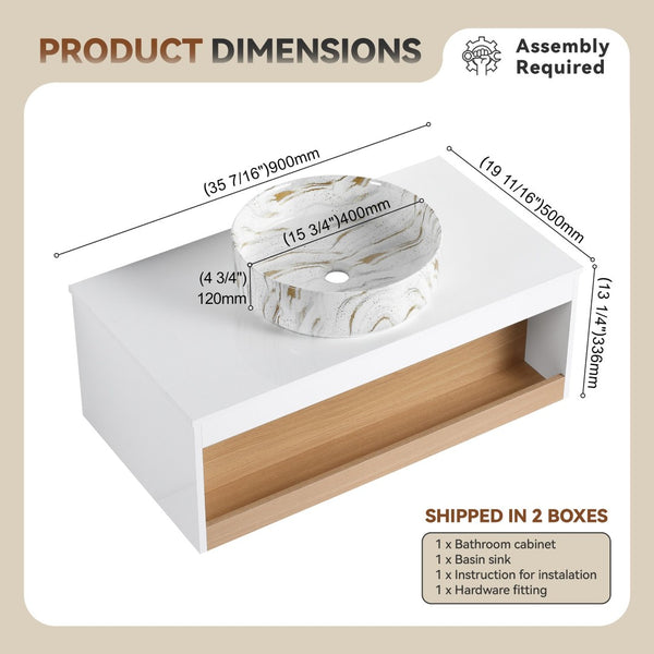 English Elm 36" Floating Bathroom Vanity Light Oak Modular Cabinet with Gel Coat Integrated Sink Gold+White,White + Light Oak W3450S00063
