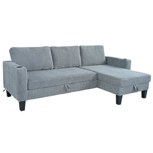 English Elm Reversible Sectional Sofa with Storage Chaise, USB Ports, Cup Holders, Corduroy Sleeper Sofa for Home Comfort Gray W680S00034