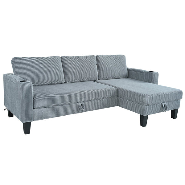 English Elm Reversible Sectional Sofa with Storage Chaise, USB Ports, Cup Holders, Corduroy Sleeper Sofa for Home Comfort Gray W680S00034