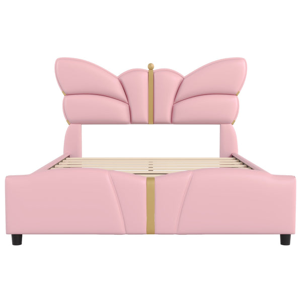 English Elm Christopher Knight Home® - Full Upholstered PU Leather Bed Frame with Butterfly Headboard, Gold Accents, Solid Wood Platform Light Pink 78.25 L x 10 W x 3.25 H N761S0000018H