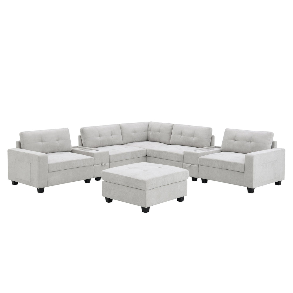 English Elm 104'' Sectional Sofa with Acrylic Table Top, Chenille Tufted U-Shaped Couch with Consoles, USB Charging, Storage Drawers and Ottoman for Living Room, Apartment Light Gray N723S0191K
