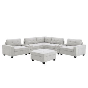 English Elm 104'' Sectional Sofa with Acrylic Table Top, Chenille Tufted U-Shaped Couch with Consoles, USB Charging, Storage Drawers and Ottoman for Living Room, Apartment Light Gray N723S0191K