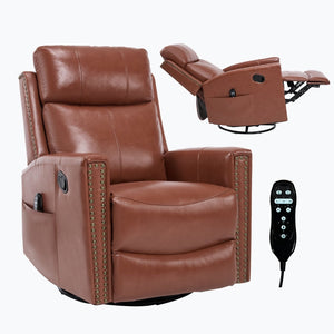 English Elm Red Genuine Leather Swivel Rocker Recliner with Massage Heat for Living Room W1803P323709