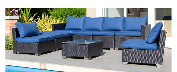 English Elm Seven-Piece Modular Outdoor Sofa Set With Glass Table And Waterproof Cushions For Stylish Comfort W3152S00002-GIGA