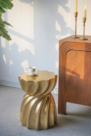 English Elm 14x14x18.7" Gold Magnesium Stool Swirl Base Sculptural Glam Art Deco Side Table W2078P442968