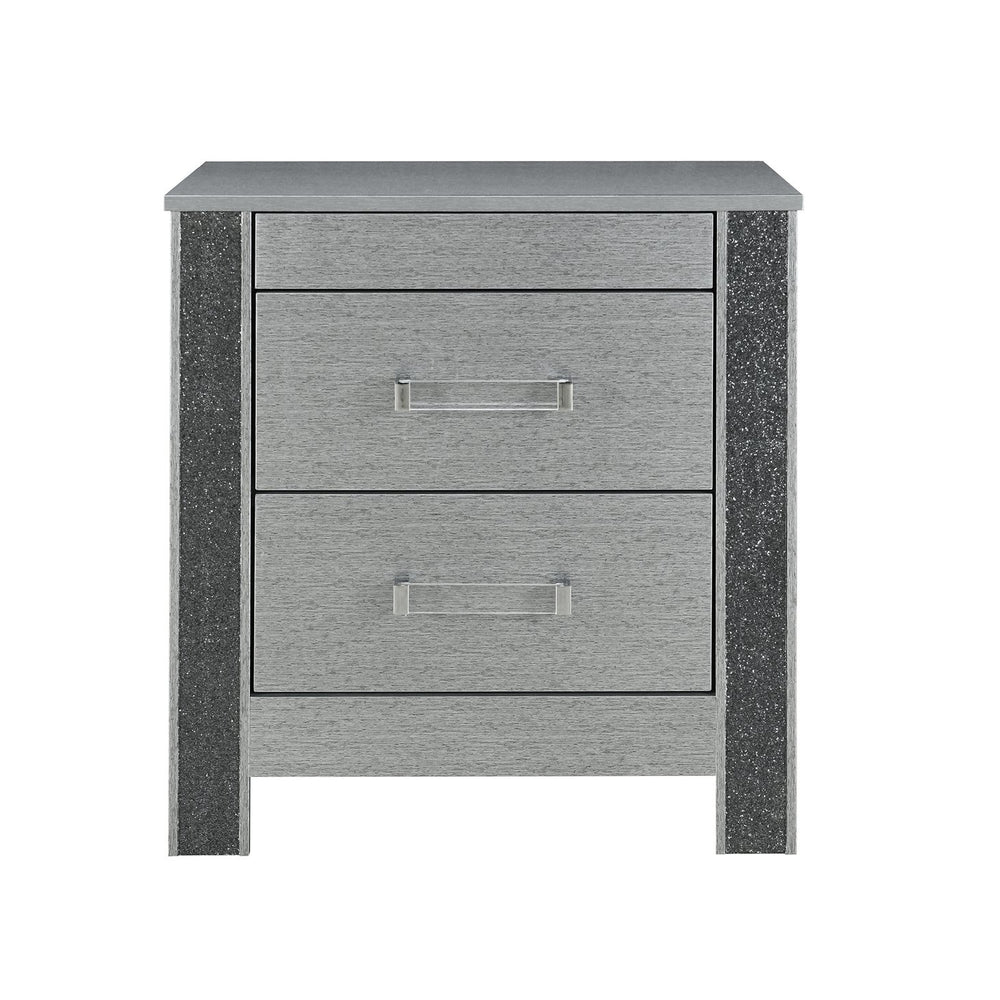 English Elm Lorenzo Silver Nightstand with Hidden Jewelry Compartment, Glitter Finish, Acrylic Handles, Spacious Drawers B201P298429