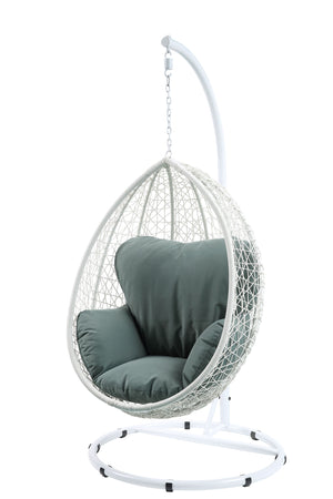 English Elm Simona Green Fabric Hanging Chair with White Wicker, Stand & Removable Cushion — All-Weather Cozy Comfort B2726S00410