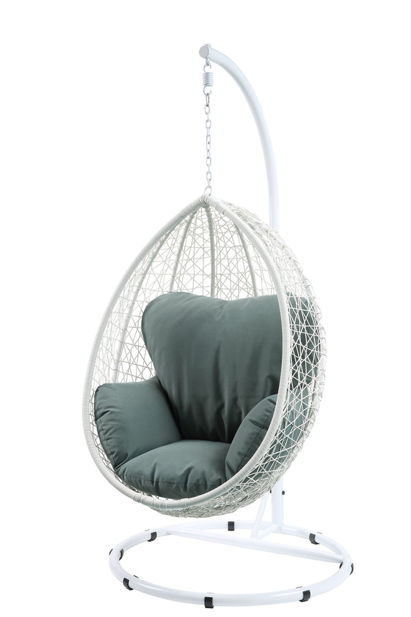 English Elm Simona Green Fabric Hanging Chair with White Wicker, Stand & Removable Cushion — All-Weather Cozy Comfort B2726S00410