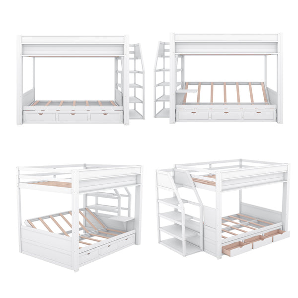 English Elm Wood Full Size Convertible Bunk Bed with Staircase Storage, Bedside Table and 3 Large Drawers, Durable Pine Finish White GX000335AAK-1