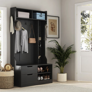 English Elm Hall Tree with Bench Six Hooks Open Shelves Matte Black Mdf Entryway Organizer W1321P444289