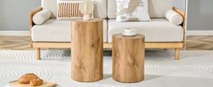 English Elm Modern Minimalist Wood Cylinder Coffee Table Set of 2 — Marble-Pattern MDF, Multi-Size, No Assembly Needed W1151S04196