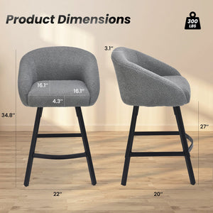 English Elm Bar Upholstered Counter Stool Set of 2 with Back and Armrests, Velvet Seat, 27" Comfort Height, Durable Gray T3623P407975