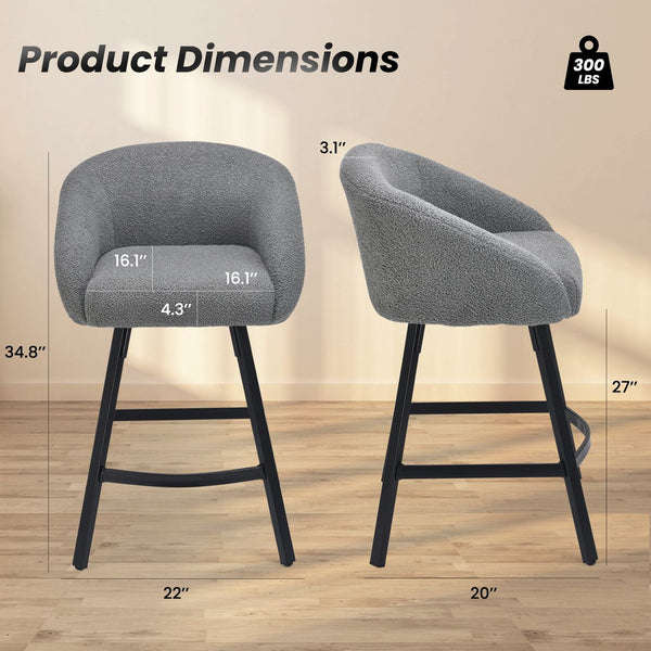 English Elm Bar Upholstered Counter Stool Set of 2 with Back and Armrests, Velvet Seat, 27" Comfort Height, Durable Gray T3623P407975