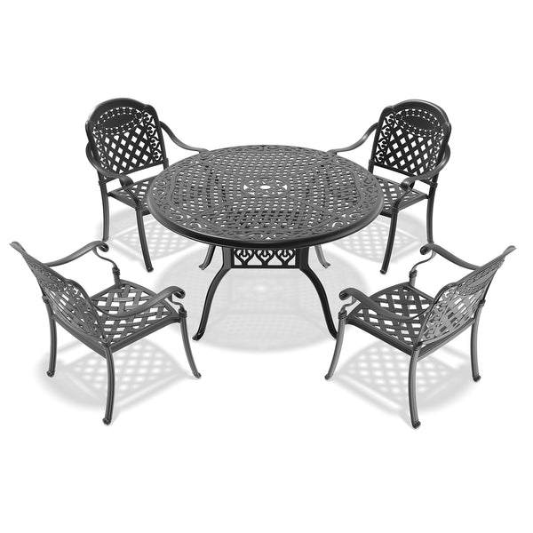 English Elm 5-Piece Cast Aluminum Patio Furniture Set With Plush Red Cushions For Outdoor Dining & Relaxation W1710S00141