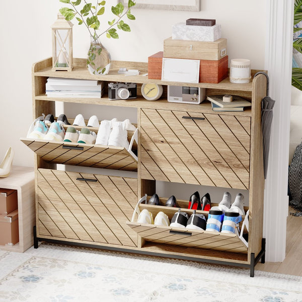 English Elm shoe cabinet Rustic Herringbone Flip-Drawer Organizer for Narrow Spaces, Dust-Proof Entryway Storage Driftwood W2227P207767