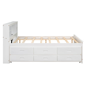 English Elm Full Full Size Platform Bed with Storage Headboard, USB Ports, Twin Trundle & 3 Drawers, Solid Wood White GX000720AAK