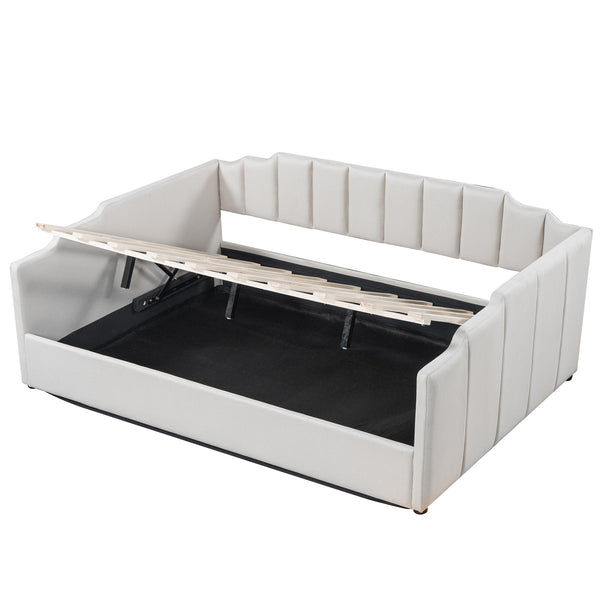 English Elm Upholstered modern daybed with under-bed storage drawers, full-size platform frame for guests Beige DL002033AAA